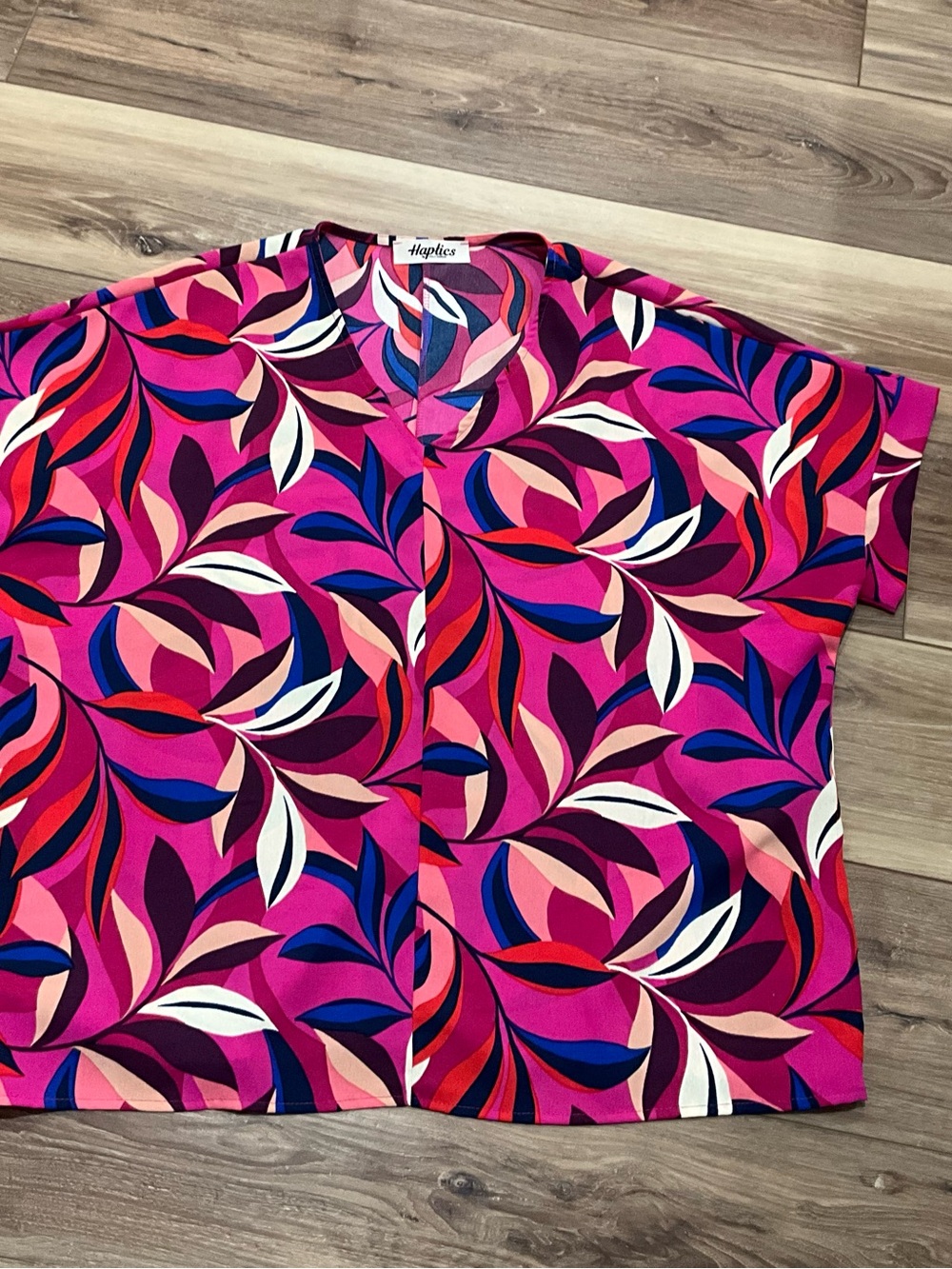 Haptics Women's V-Neck Bold Pink Leaf Print Blouse